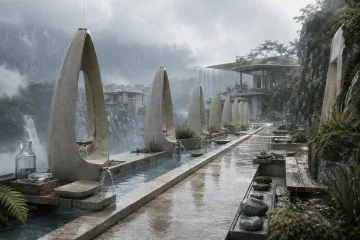 Wide futuristic rainwater research causeway with pale ceramic resonance arches overlooking a misty mountain basin during an overcast morning shower.