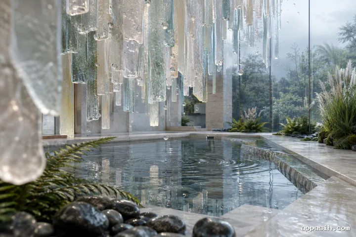 Close low-angle view of translucent mineral-glass fins and suspended droplets above a reflective basin in a serene rain-washed atrium.