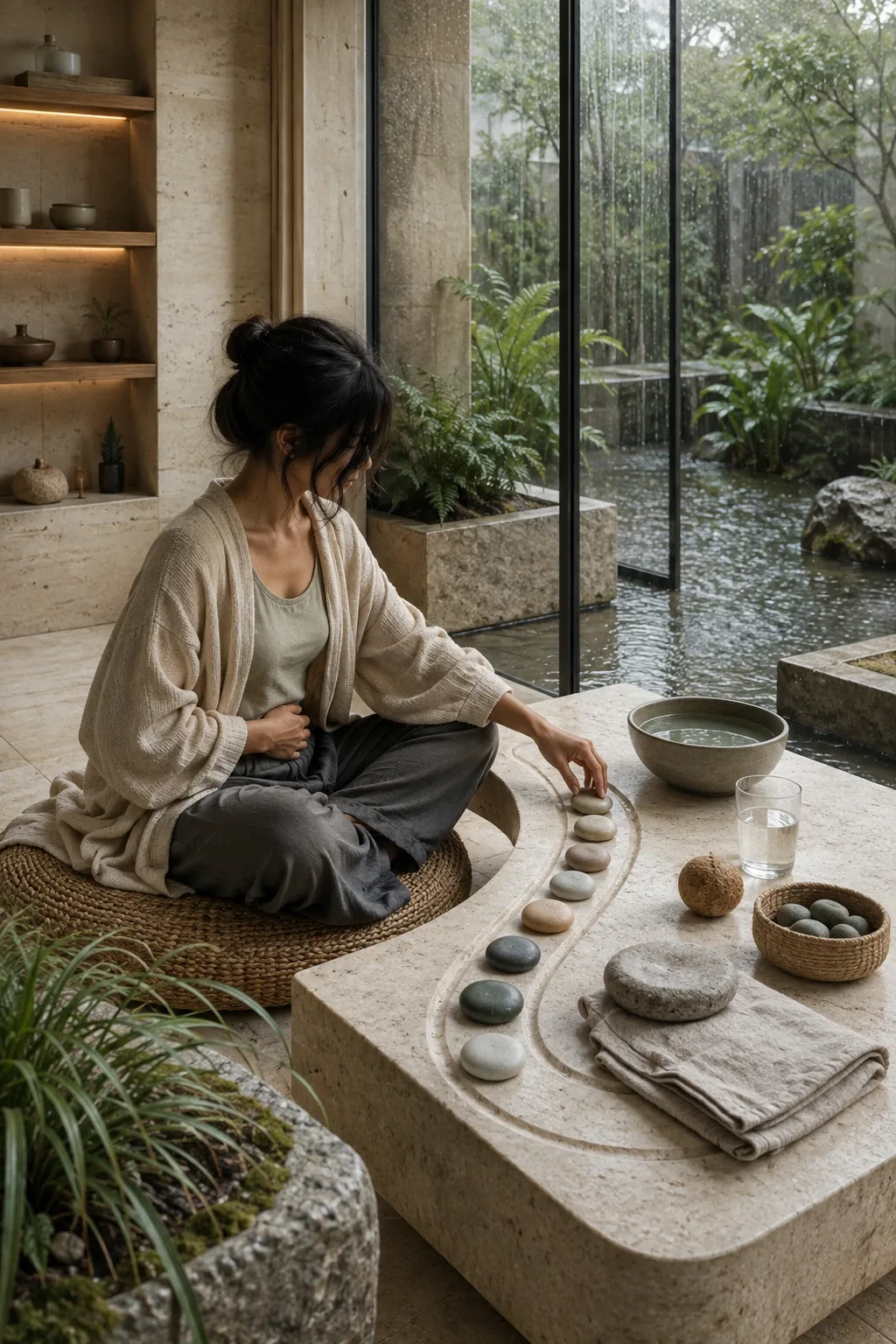 Anonymous adult practicing mindful breathing with smooth ceramic pebbles in a serene rain-lit limestone conservatory wellness atrium.