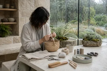Anonymous adult quietly repairing a woven household basket at a pale limestone table inside a rain-washed glass conservatory.