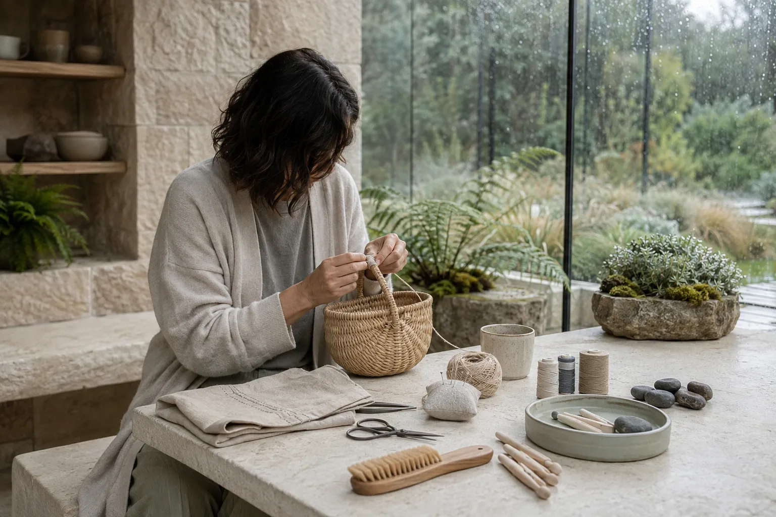 Anonymous adult quietly repairing a woven household basket at a pale limestone table inside a rain-washed glass conservatory.