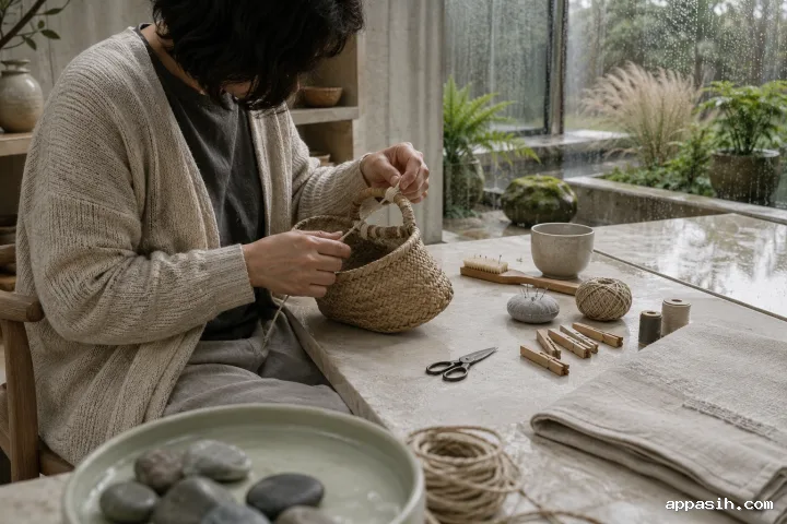 Close three-quarter view of an anonymous adult tightening cotton repair cord around a woven basket handle in a rainy limestone conservatory.