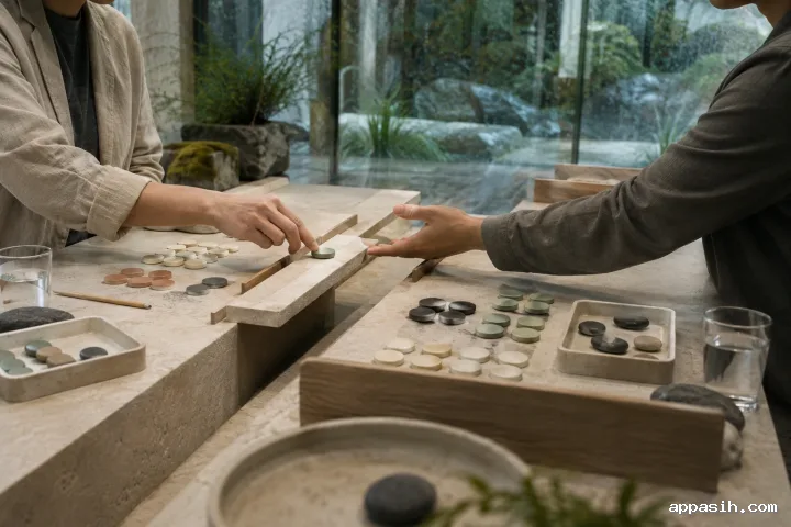 Close three-quarter view of two anonymous professionals coordinating a ceramic token across a narrow stone bridge between work zones in a rainy limestone conservatory.