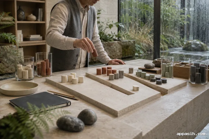 Close three-quarter view of an anonymous finance professional lifting a blank ceramic marker above stepped limestone stages representing a working-capital cycle in a rain-lit conservatory.