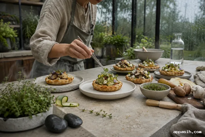 Close side-front view of an anonymous pastry artisan finishing a miniature savory garden tart with herbs beside pear, mushrooms, and other handmade tarts in a rainy limestone-and-glass conservatory.