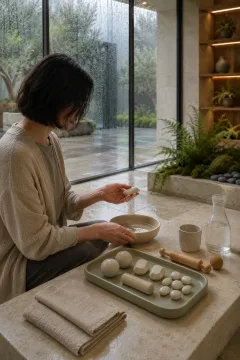 Anonymous adult practicing gentle hand mobility with smooth ceramic therapy forms at a limestone table inside a rain-lit glass conservatory.
