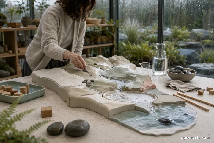Close side-front view of an anonymous learner placing a pebble beside flowing water on a detailed ceramic watershed learning model inside a rainy limestone conservatory.