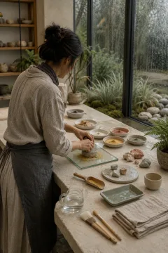 Anonymous artisan grinding natural mineral pigment at a pale limestone worktable inside a rain-soaked contemporary glass conservatory.
