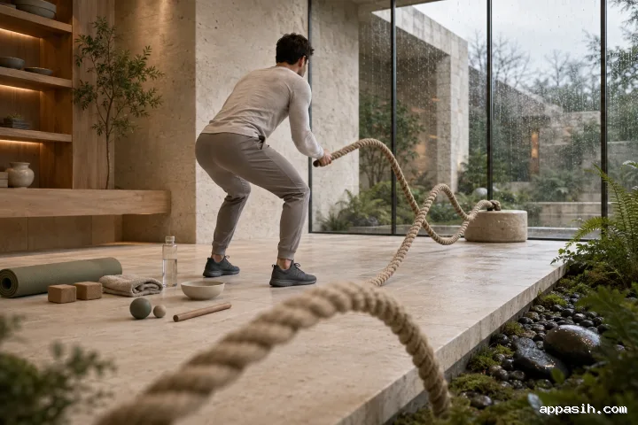 Close low-angle view of an anonymous athlete driving rhythmic natural-fiber rope waves across a limestone training terrace inside a rain-beaded glass conservatory.