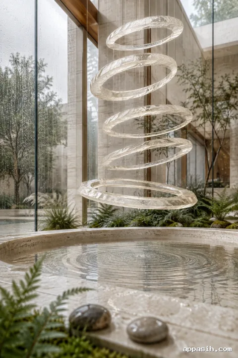 Close low-angle portrait view of six translucent mineral-glass capillary rings with suspended rain droplets above a rippling limestone basin in a rain-lit conservatory.