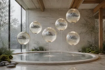 Six translucent mineral-glass spheres containing miniature rainclouds float above a limestone reflecting basin inside a serene rain-soaked conservatory.
