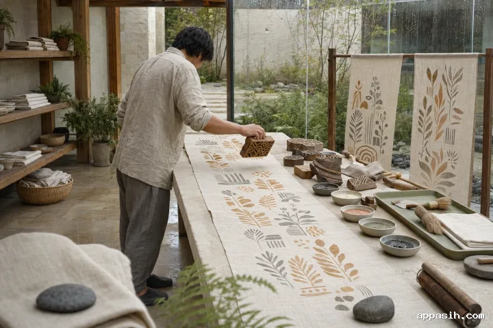 Closer low three-quarter view of an anonymous artisan lifting a carved wooden block after printing muted ochre patterns onto natural linen in a rain-washed limestone heritage workshop.