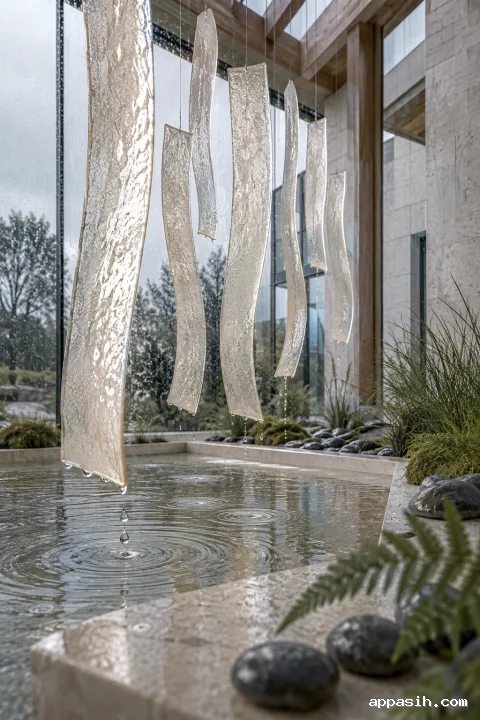 Close low three-quarter portrait view of seven translucent mineral-glass ribbons carrying delicate rainwater films above a rippling limestone basin in a rain-washed conservatory.