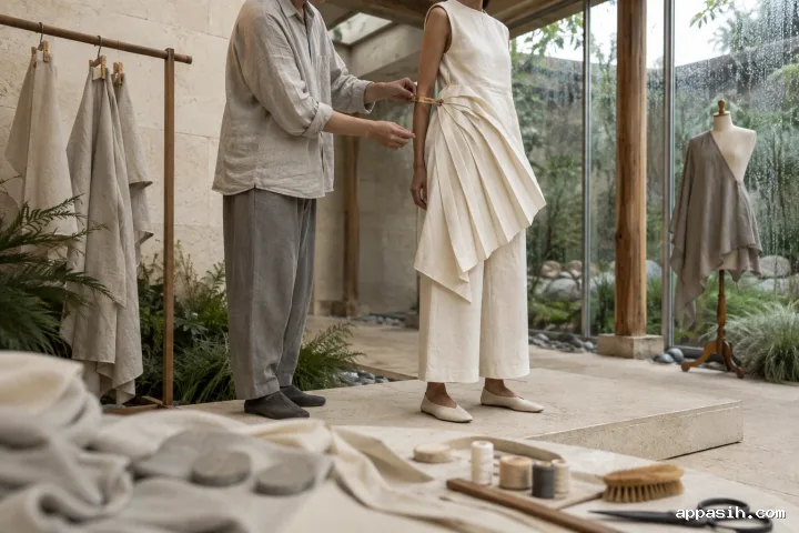 Close low three-quarter view of an anonymous stylist releasing a wooden garment clip after refining the sculptural ivory pleats worn by a model in a rainy limestone conservatory atelier.
