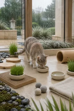 Healthy warm-gray and cream domestic cat exploring a natural indoor foraging garden with ceramic bowls, cat-safe grasses, wooden enrichment pieces, and rain-lit conservatory glazing.