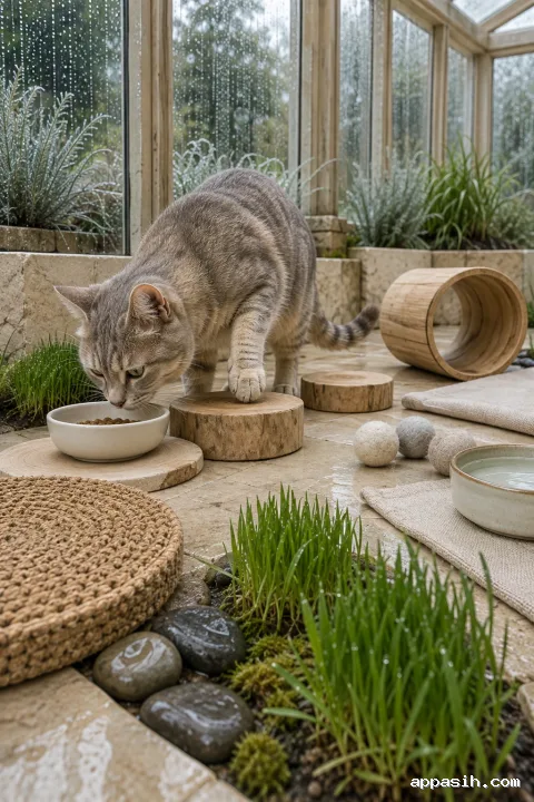 Close low-angle view of a healthy warm-gray and cream domestic cat placing one paw on a wooden enrichment disc while sniffing a ceramic forage cup in a rain-lit indoor pet garden.