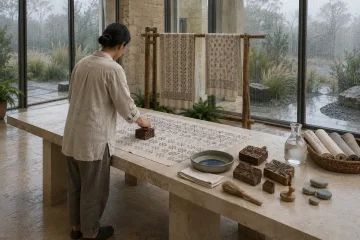 Anonymous artisan hand-printing abstract geometric motifs onto natural linen with carved wooden blocks in a rain-lit limestone and glass heritage workshop.