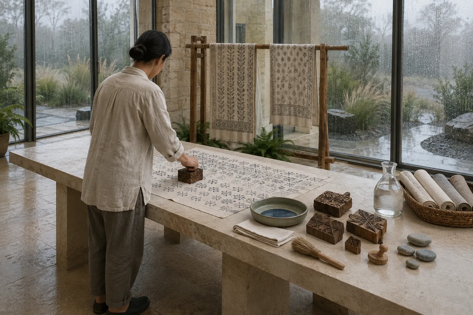 Anonymous artisan hand-printing abstract geometric motifs onto natural linen with carved wooden blocks in a rain-lit limestone and glass heritage workshop.