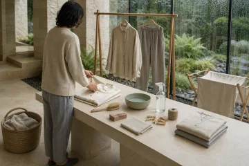 Anonymous adult folding neutral linen clothing beside a timber garment rail and natural fabric-care tools in a rain-washed limestone conservatory.