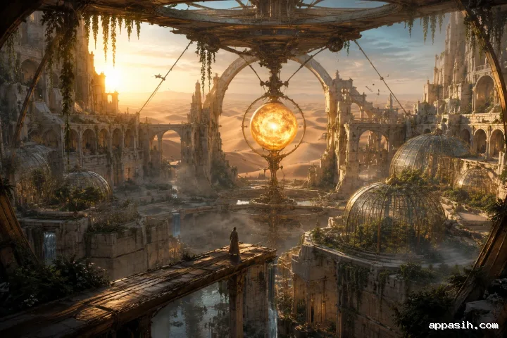 Ultra-detailed concept art of a monumental celestial harbor suspending a luminous comet core above an alpine crater as a robed keeper observes from a bridge.