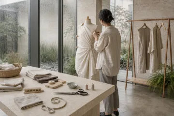 Anonymous fashion designer draping warm ivory pleated linen around a neutral dress form in a minimalist limestone and glass atelier during a rainy overcast morning.