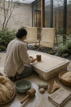 Anonymous artisan hand-working warm-ivory plant-fiber cloth with a wooden mallet on a pale stone slab inside a serene rain-washed limestone heritage craft courtyard.