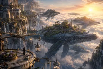 Cinematic concept art of a mountaintop foundry where giant flowers collect eclipse light and produce glowing nectar above the clouds.