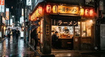 Cozy Japanese ramen shop glowing warmly on a rainy night with wet street reflections