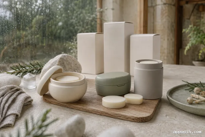 Close low-angle product mockup of blank refillable solid fragrance containers with removable cream inserts, cartons, oak display block, linen, stones, and botanicals in a rain-lit limestone conservatory.