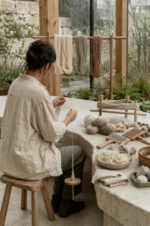 Anonymous artisan hand-spinning warm ivory wool with a wooden drop spindle in a serene rain-washed limestone and timber conservatory craft courtyard.