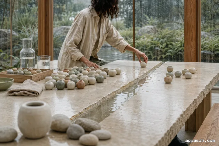 Close editorial scene of an anonymous facilitator placing a ceramic resource unit onto the smaller of two unequal allocations beside a shallow water channel in a rain-covered conservatory.