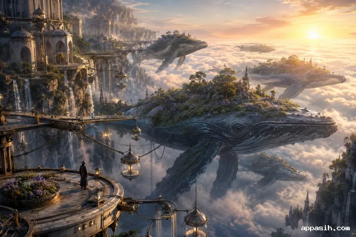Ultra-detailed concept art of a monumental alpine refinery where giant eclipse flowers produce luminous celestial nectar as a hooded keeper observes from a suspended bridge.