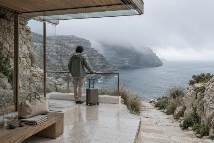 Anonymous traveler with neutral luggage standing beneath a timber and glass shelter on a rain-wet limestone cliff terrace overlooking a misty coastal cove.