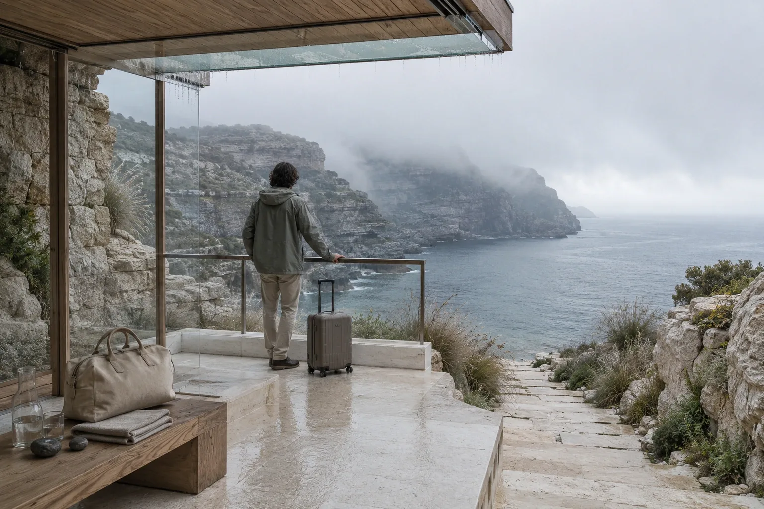 Anonymous traveler with neutral luggage standing beneath a timber and glass shelter on a rain-wet limestone cliff terrace overlooking a misty coastal cove.