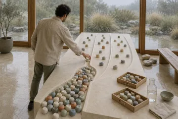 Anonymous facilitator redirects a ceramic unit from a crowded narrow tabletop channel into an open parallel lane inside a serene rain-washed limestone and glass conservatory.