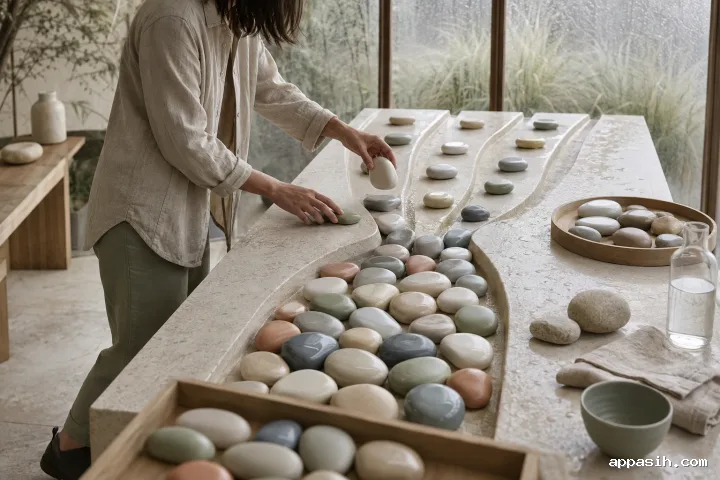 Closer side-front view of an anonymous facilitator lifting a warm-ivory ceramic unit from a congested tabletop passage and lowering it into an open parallel channel in a rain-washed conservatory.