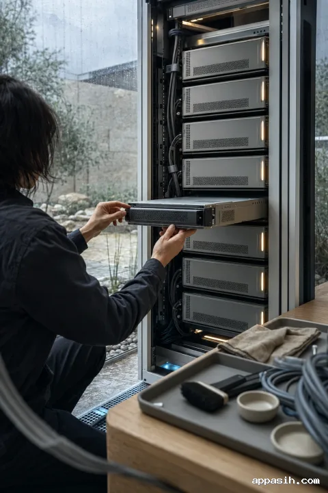 Closer portrait view of an anonymous technician supporting a modular edge-computing unit while checking its cooling cassette in a rain-lit technology atrium.