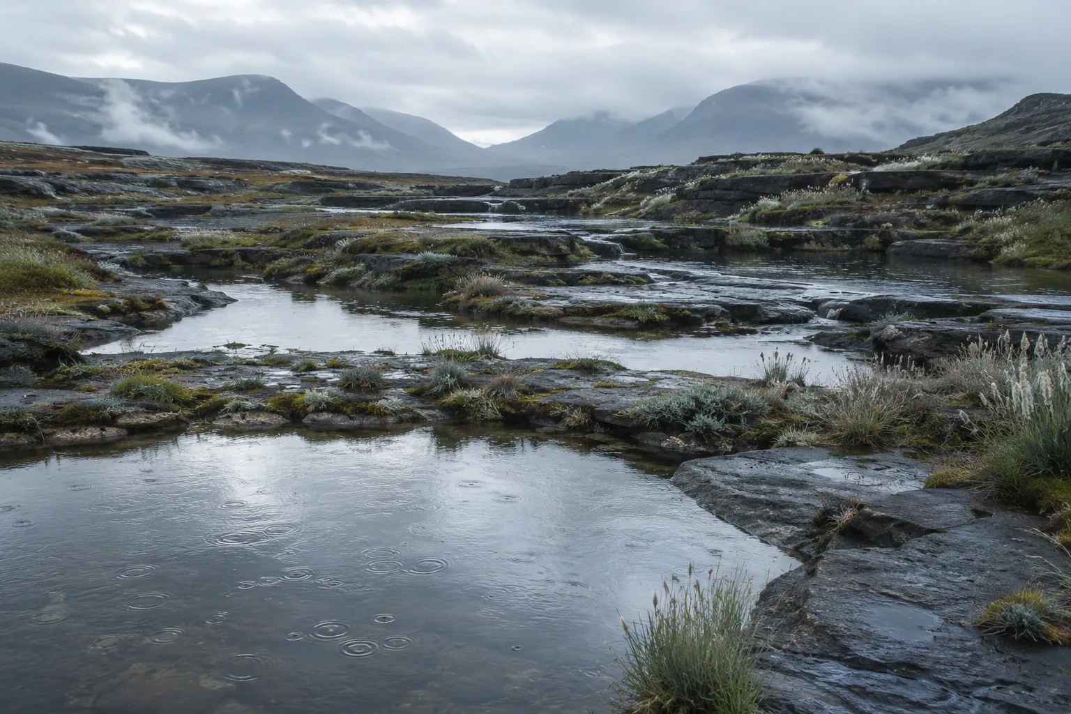 Rain-washed basalt wetland terraces with reflective pools, silver-green grasses, and misty blue-gray mountain ridges beneath an overcast sky.