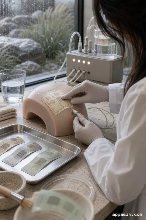 Close portrait view of an anonymous biomedical scientist smoothing a flexible biosensor onto a synthetic tissue phantom while performing calibration in a rain-lit medical research observatory.