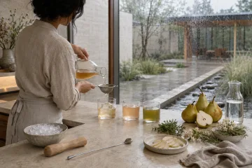Anonymous beverage artisan pouring pale amber pear shrub through a strainer into a clear glass at a limestone tasting counter with pears, herbs, and rain-streaked conservatory windows.