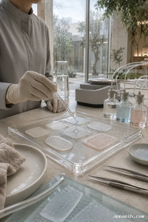 Close side-front view of an anonymous scientist dispensing a droplet onto a translucent hydrogel wound-dressing sample in a rain-lit biomaterials laboratory.