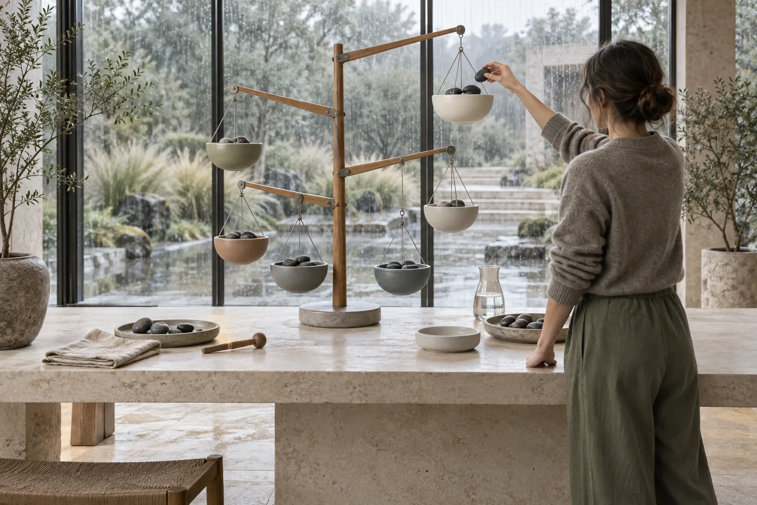 Anonymous facilitator redistributing stone weights across suspended ceramic vessels on a balanced timber structure inside a rain-washed limestone conservatory, symbolizing strategic priorities and resource tradeoffs.