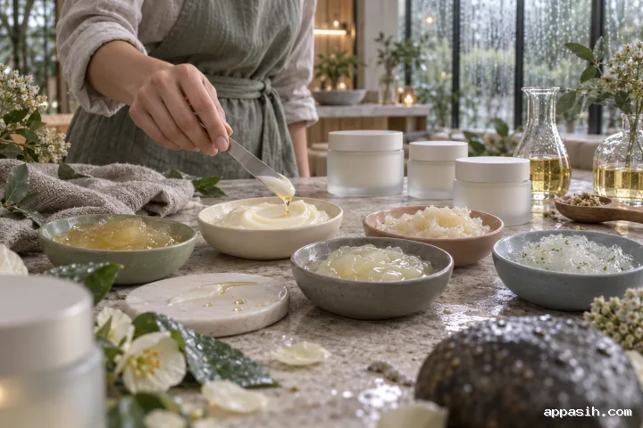 Close side-front view of a rain-washed cosmetic balm atelier with creamy skincare textures, unmarked frosted jars, botanical oils, and a formulator lifting a metal spatula.
