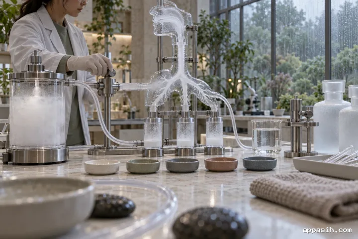 Closer low three-quarter landscape view of an anonymous biomedical researcher adjusting airflow as fine aerosol passes through a transparent branching respiratory phantom and collection modules in a rain-washed conservatory medical laboratory.