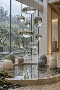 Portrait abstract conservatory installation with eleven suspended translucent liquid lenses above a shallow limestone reflecting basin and muted ceramic anchor forms during soft morning rain.