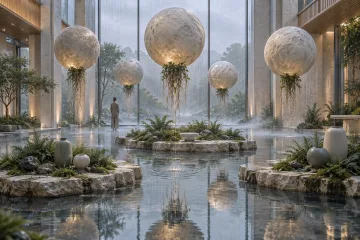 Surreal rain-soaked limestone conservatory with six luminous stone moons hovering above reflective botanical pools, suspended roots, mist, moss, and a distant caretaker.