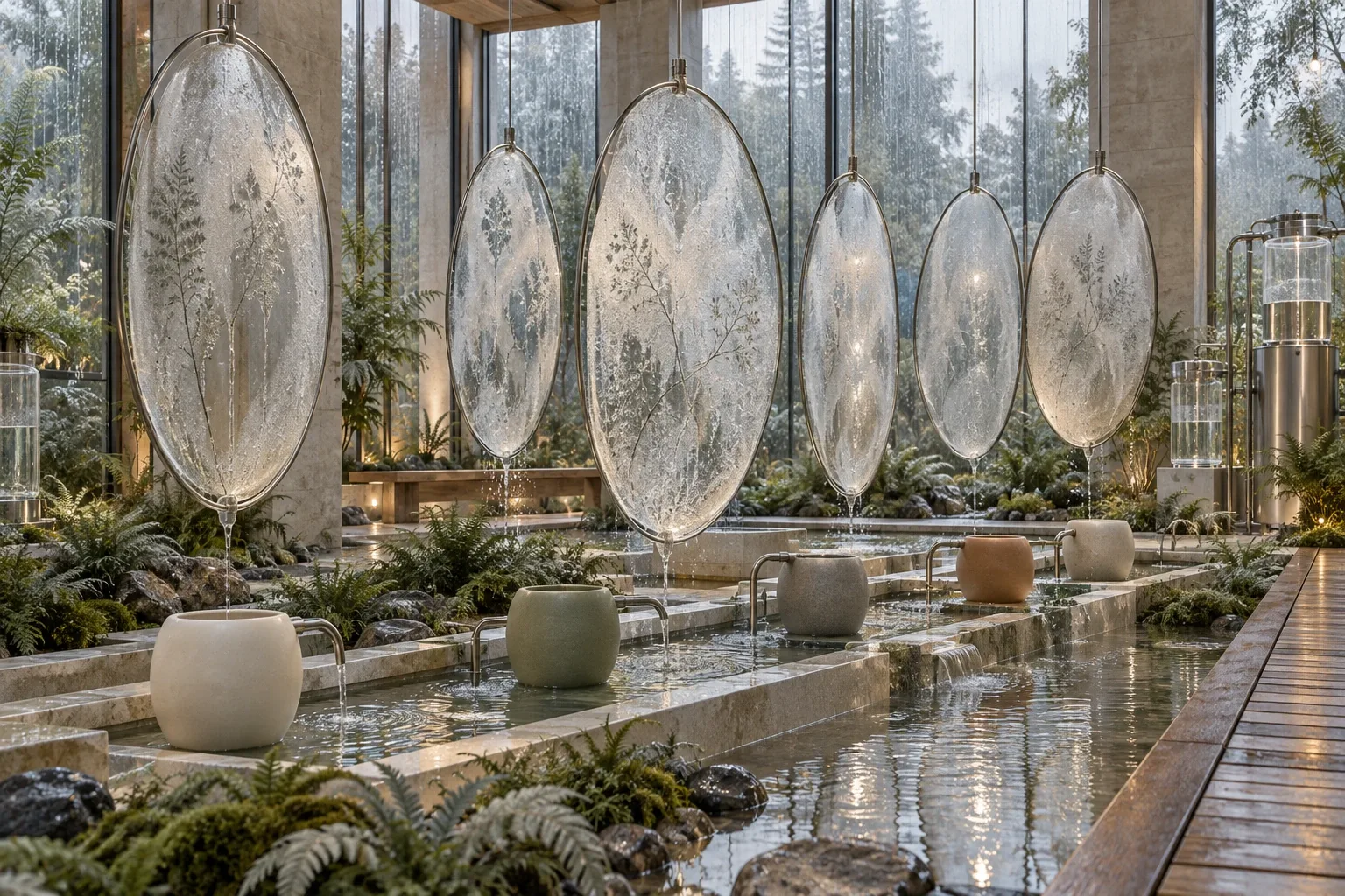 Landscape concept art of seven translucent condensation membranes suspended above shallow water channels in a rain-washed contemporary botanical conservatory.