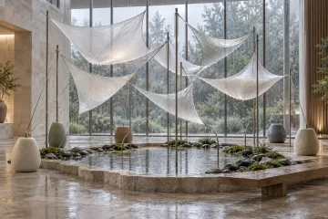 Landscape abstract conservatory installation with eight translucent curved tension membranes suspended above a shallow reflecting basin during a soft rainy morning.