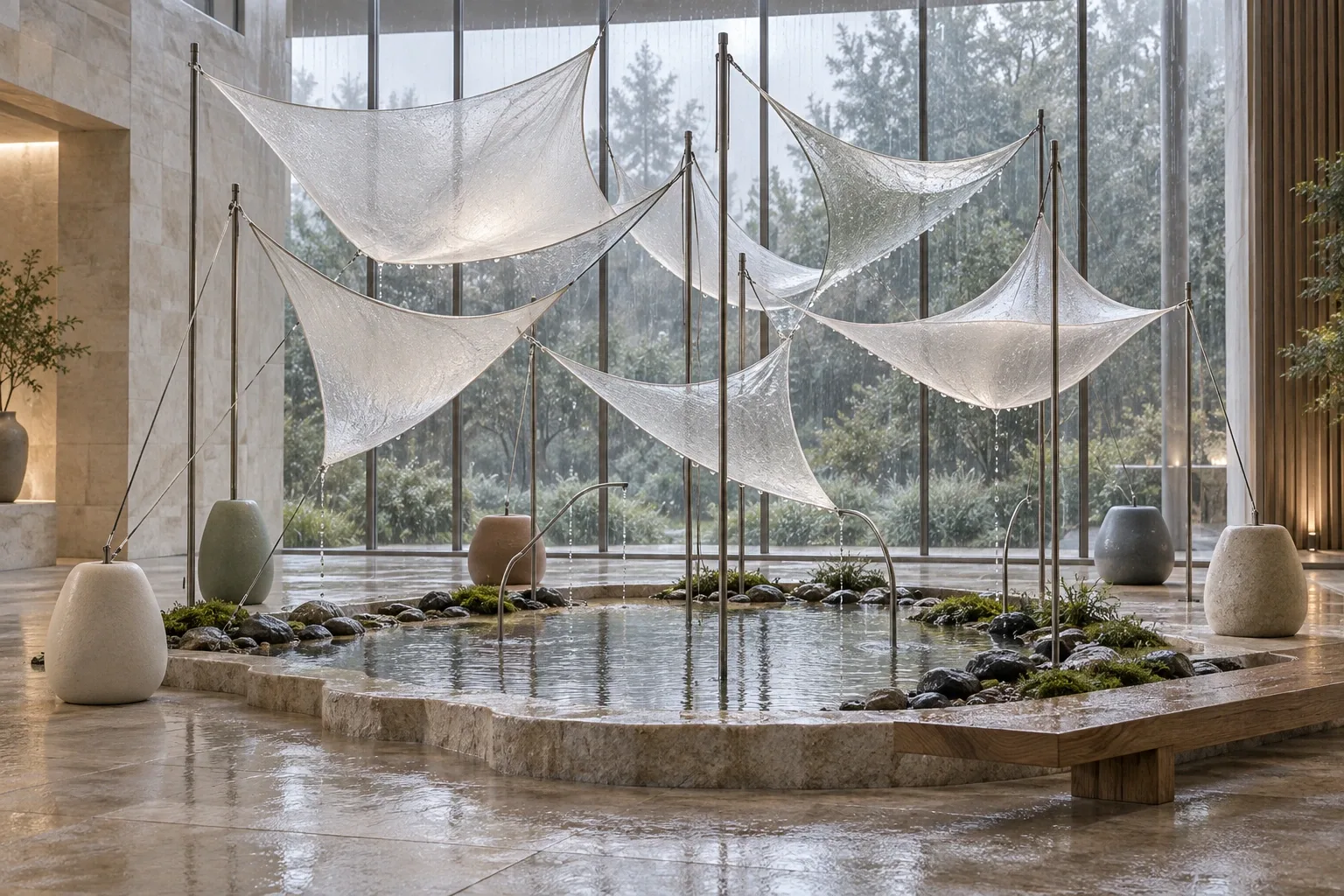 Landscape abstract conservatory installation with eight translucent curved tension membranes suspended above a shallow reflecting basin during a soft rainy morning.