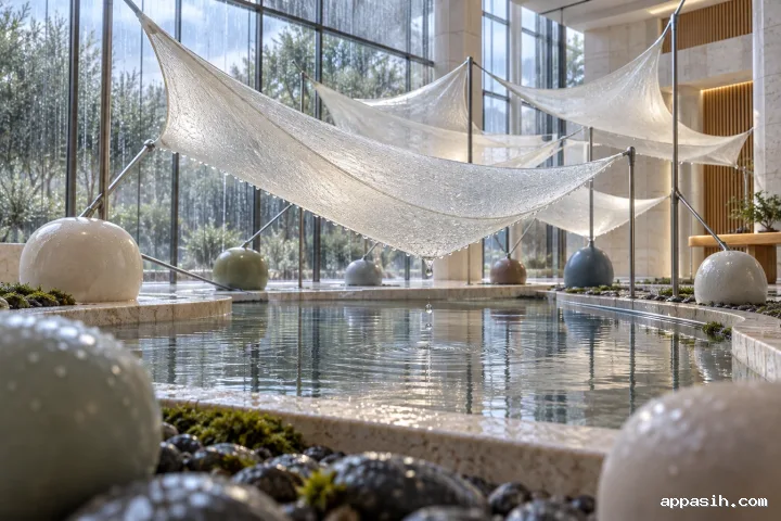 Closer low three-quarter view of translucent tension membranes above a reflective limestone basin, with a falling droplet, wet pebbles, and rainy conservatory glazing.